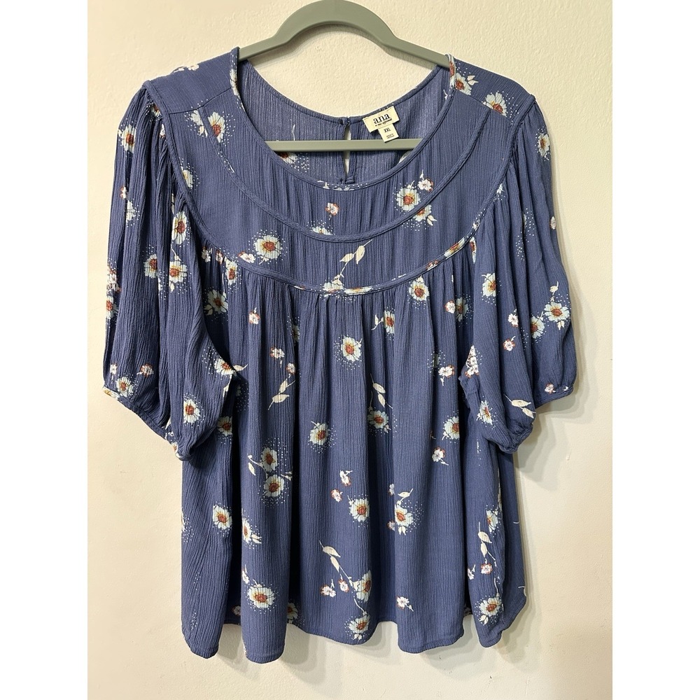 ANA A New Approach Womens Blouse XXL Blue Daisy Floral Rayon Boho Peasant Top